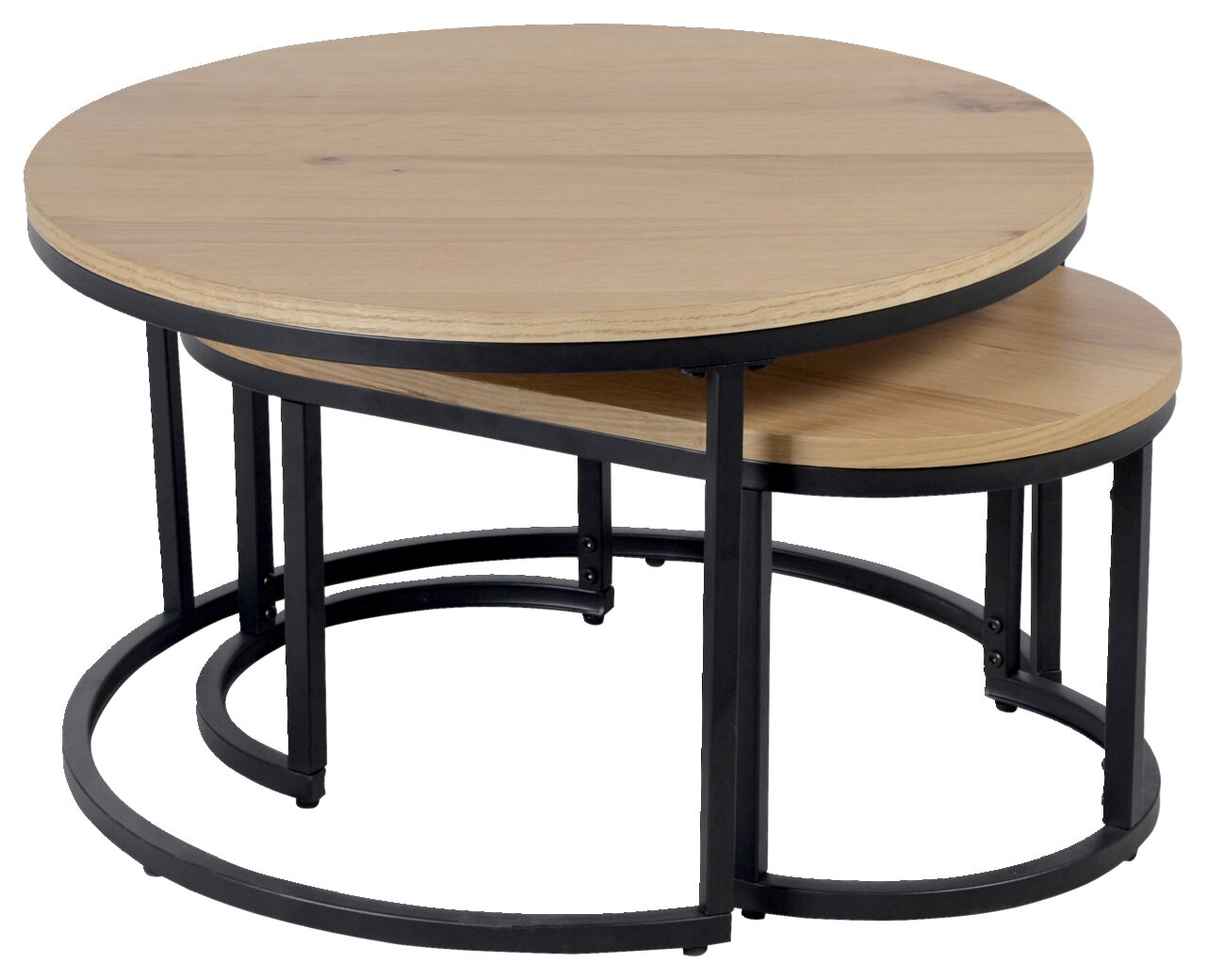 Stylife Couchtisch-Set TROPEA Zweiteiliges Couchtisch-Set mit runden Holzplatten und schwarzem Metallgestell, seitliche Perspektive