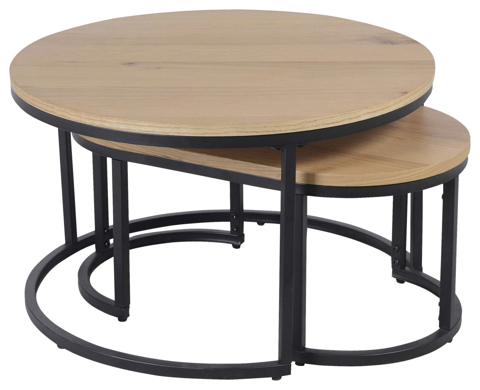 Zweiteiliges Couchtisch-Set mit runden Holzplatten und schwarzem Metallgestell, seitliche Perspektive