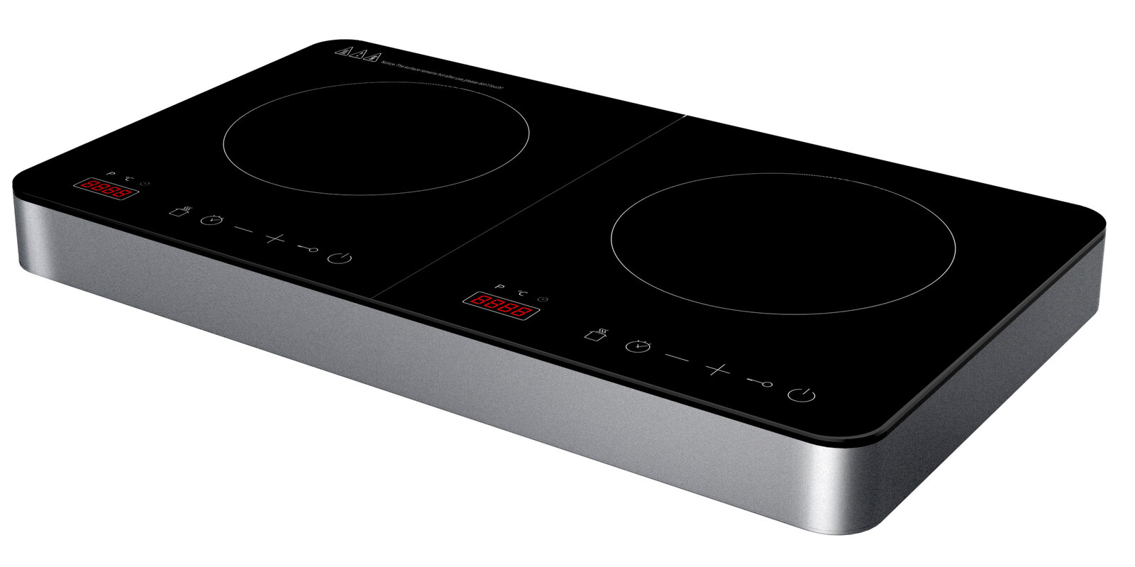 Doppeltes Induktionskochfeld in schräger Perspektive mit zwei Kochzonen und digitaler Anzeige.