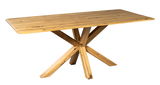 Esstisch aus Holz mit X-förmigem Gestell, seitliche Perspektive