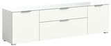 Weiße Kommode mit drei Türen und zwei Schubladen, seitliche Perspektive