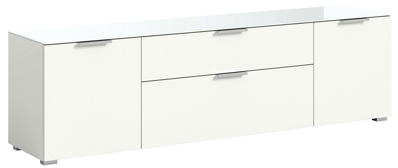 Weiße Kommode mit drei Türen und zwei Schubladen, seitliche Perspektive