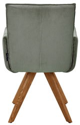 Rückansicht eines grünen Armlehnstuhls mit Holzbeinen