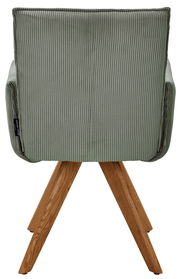 Rückansicht eines grünen Armlehnstuhls mit Holzbeinen