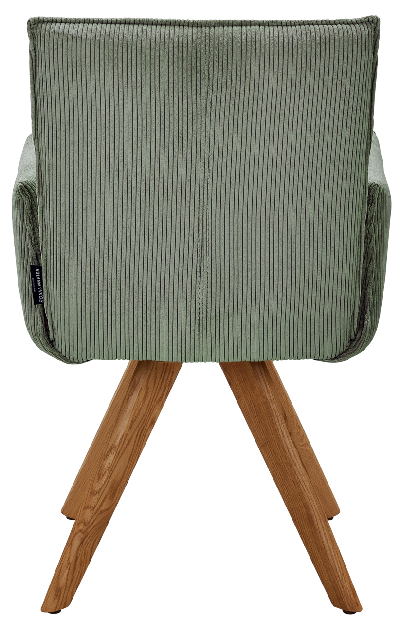 Johann Jakob Armlehnstuhl CALAS Rückansicht eines grünen Armlehnstuhls mit Holzbeinen