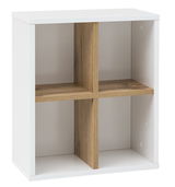 Wandregal mit vier Fächern, weiße Außenwände und Holzelemente, frontale Perspektive