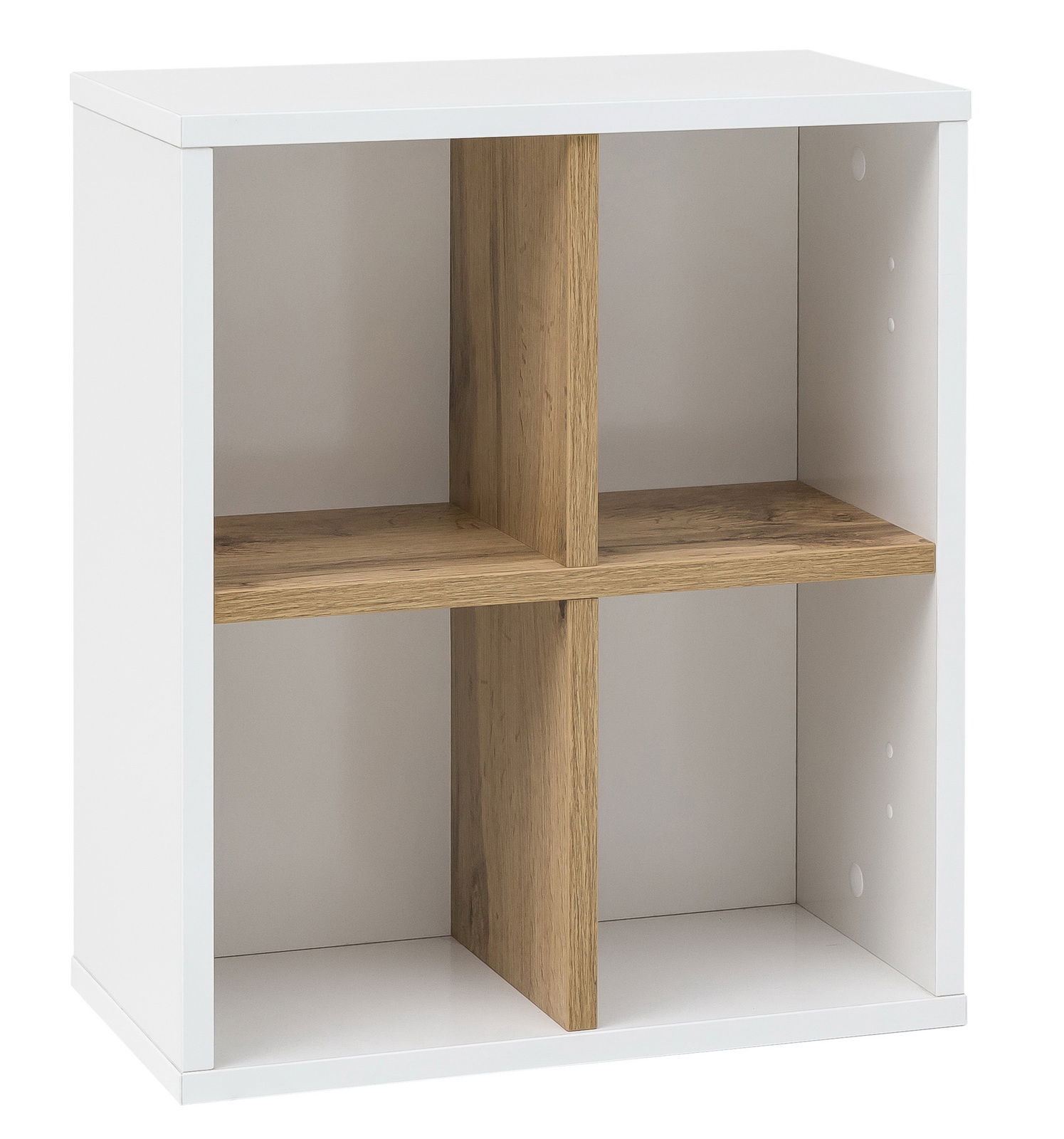 Wandregal mit vier Fächern, weiße Außenwände und Holzelemente, frontale Perspektive