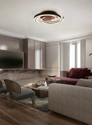 Moderne LED-Deckenleuchte CAYA in einem stilvollen Wohnzimmer, von unten betrachtet.