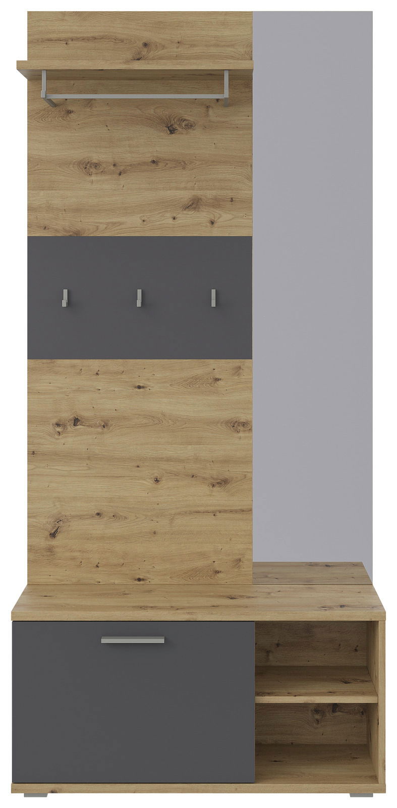 Frontansicht einer Kompaktgarderobe mit Holzoptik und grauen Elementen, inklusive Haken, Regal und Stauraum.
