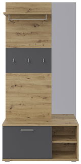 Frontansicht einer Kompaktgarderobe mit Holzoptik und grauen Elementen, inklusive Haken, Regal und Stauraum.