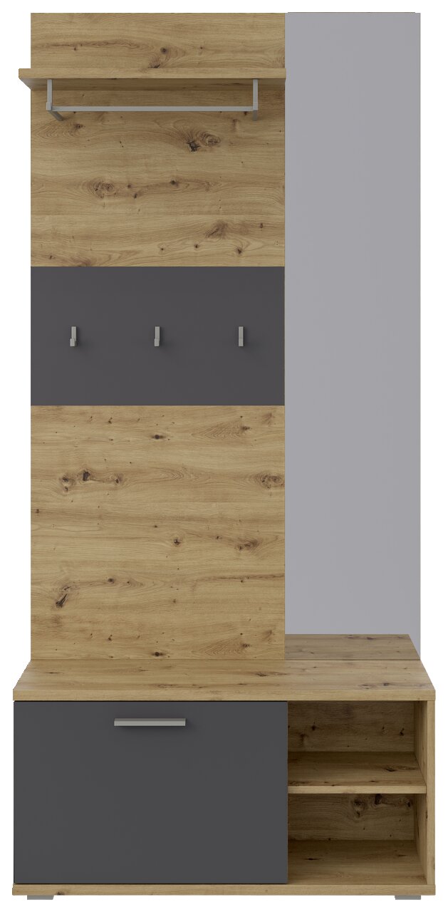 Frontansicht einer Kompaktgarderobe mit Holzoptik und grauen Elementen, inklusive Haken, Regal und Stauraum.