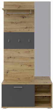 Frontansicht einer Kompaktgarderobe mit Holzoptik und grauen Elementen, inklusive Haken, Regal und Stauraum.
