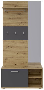 Frontansicht einer Kompaktgarderobe mit Holzoptik und grauen Elementen, inklusive Haken, Regal und Stauraum.