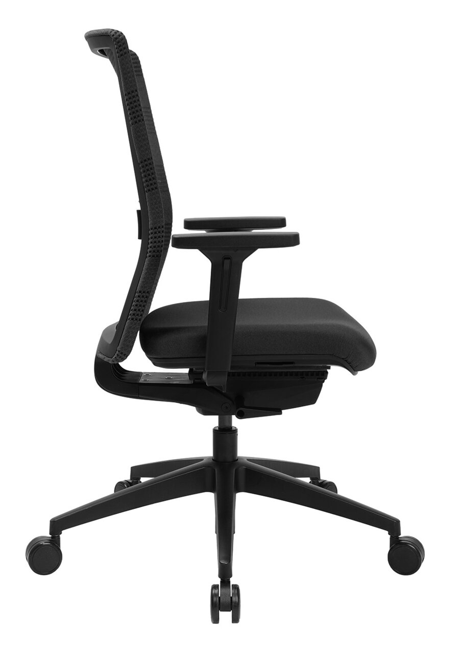 Seitenansicht eines schwarzen Bürostuhls Topstar SITNESS AIRWORK mit Netzrückenlehne und Armlehnen.
