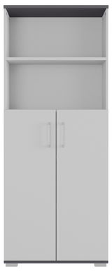 Frontansicht eines weißen Aktenschranks mit zwei Türen und einem offenen Regal oben.