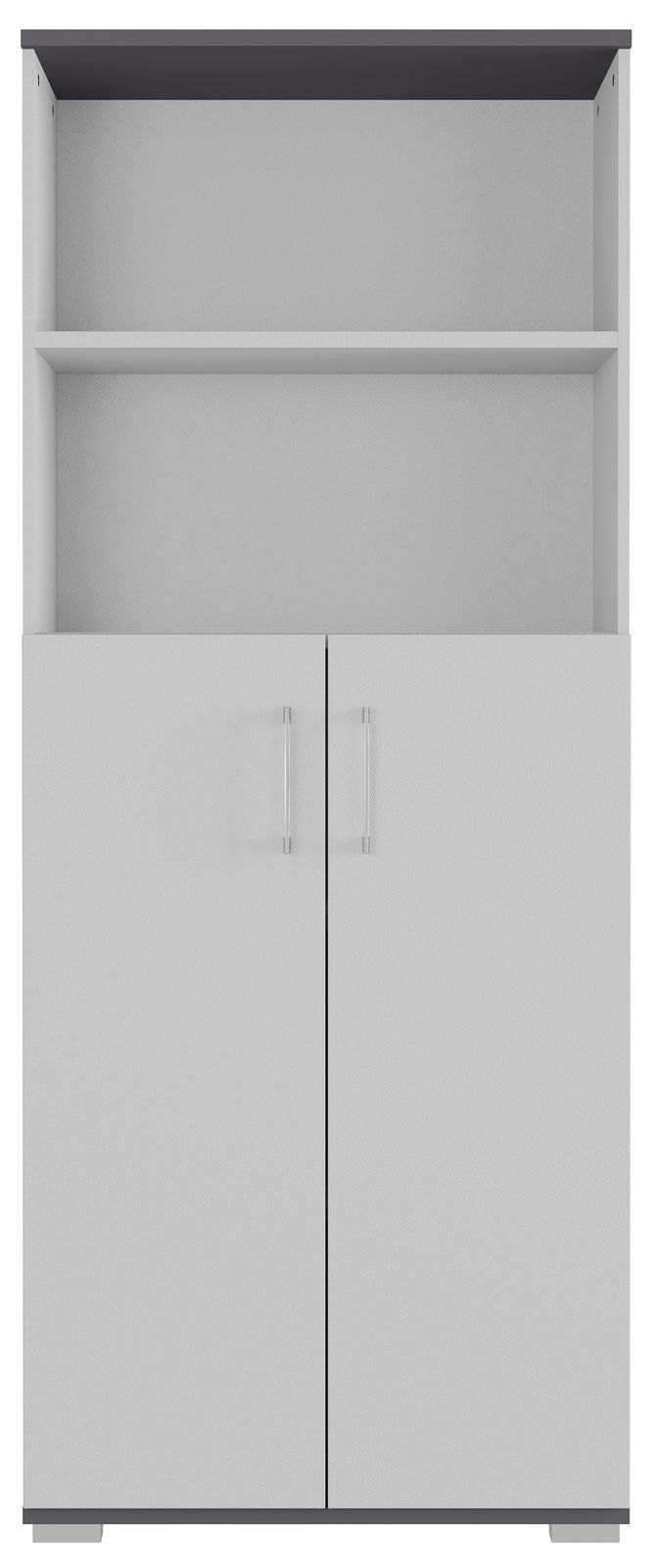 Frontansicht eines weißen Aktenschranks mit zwei Türen und einem offenen Regal oben.