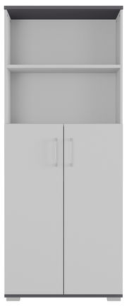 Frontansicht eines weißen Aktenschranks mit zwei Türen und einem offenen Regal oben.