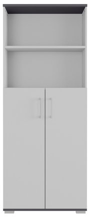 Frontansicht eines weißen Aktenschranks mit zwei Türen und einem offenen Regal oben.