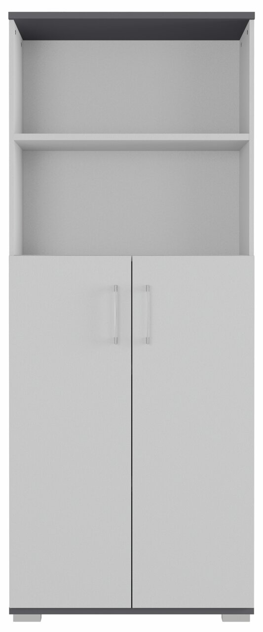 Frontansicht eines weißen Aktenschranks mit zwei Türen und einem offenen Regal oben.