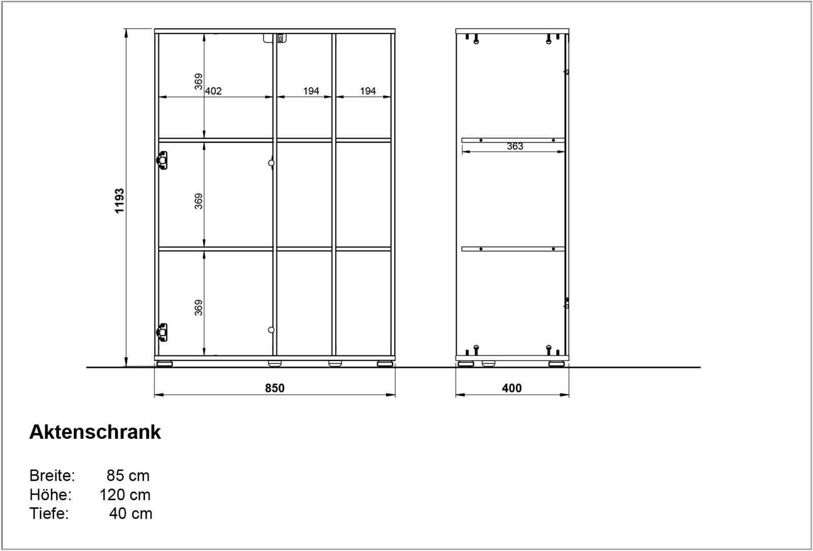 Technische Zeichnung eines Aktenschranks mit den Maßen: Breite 85 cm, Höhe 120 cm, Tiefe 40 cm. Vorder- und Seitenansicht.