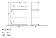 Technische Zeichnung eines Aktenschranks mit den Maßen: Breite 85 cm, Höhe 120 cm, Tiefe 40 cm. Vorder- und Seitenansicht.