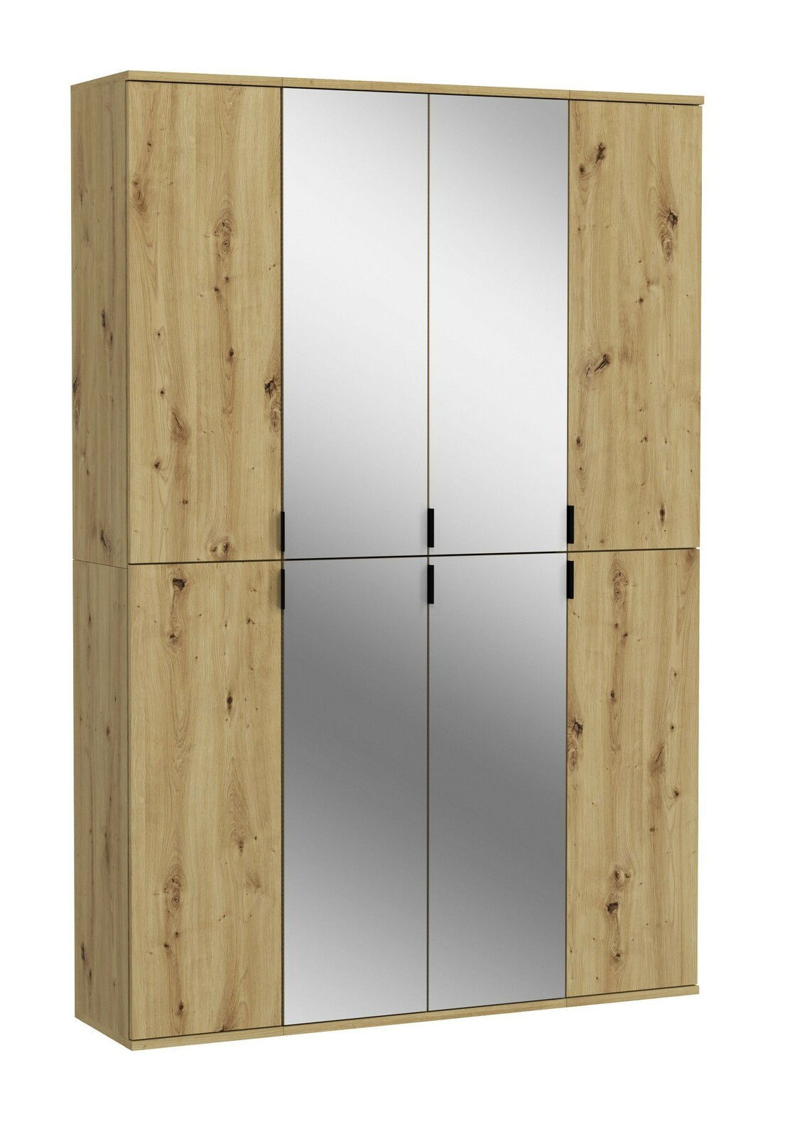 Garderobenkombination aus Holz mit vier Spiegeltüren, frontal betrachtet.