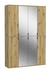 Garderobenkombination aus Holz mit vier Spiegeltüren, frontal betrachtet.