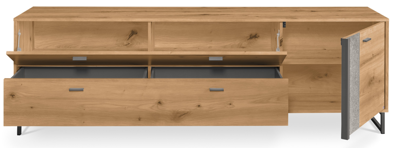 TV-Lowboard aus Holz mit offenen Schubladen und Türen, Frontansicht