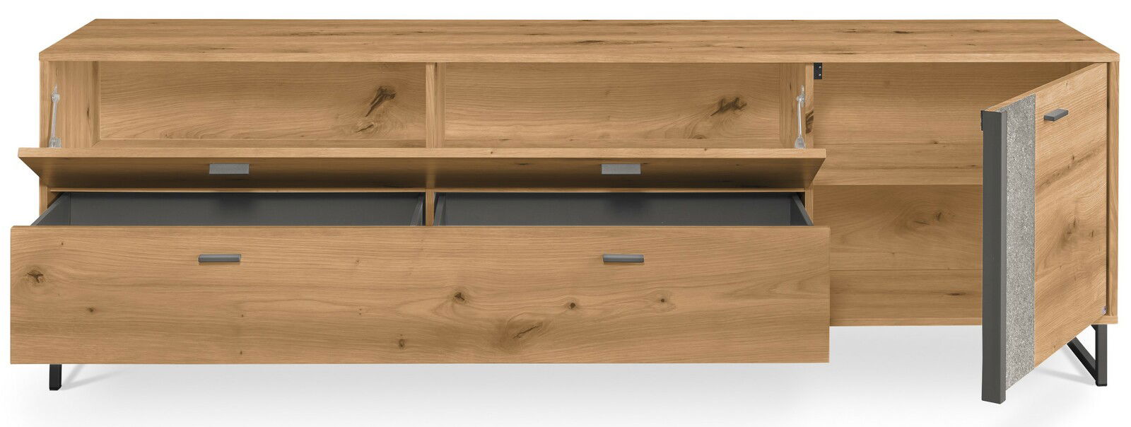 TV-Lowboard aus Holz mit offenen Schubladen und Türen, Frontansicht