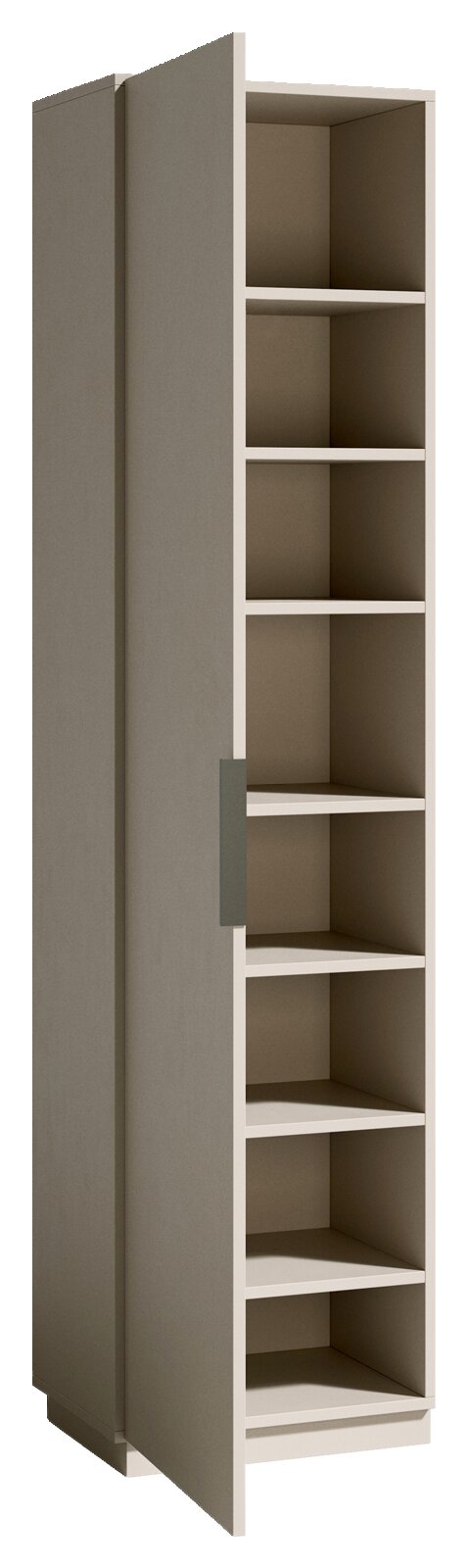 Hoher, schmaler Schrank mit geöffneter Tür und mehreren Einlegeböden, in hellen Beige-/Grautönen, freigestellt auf weißem Hintergrund, gezeigt in schräger Frontansicht von links.