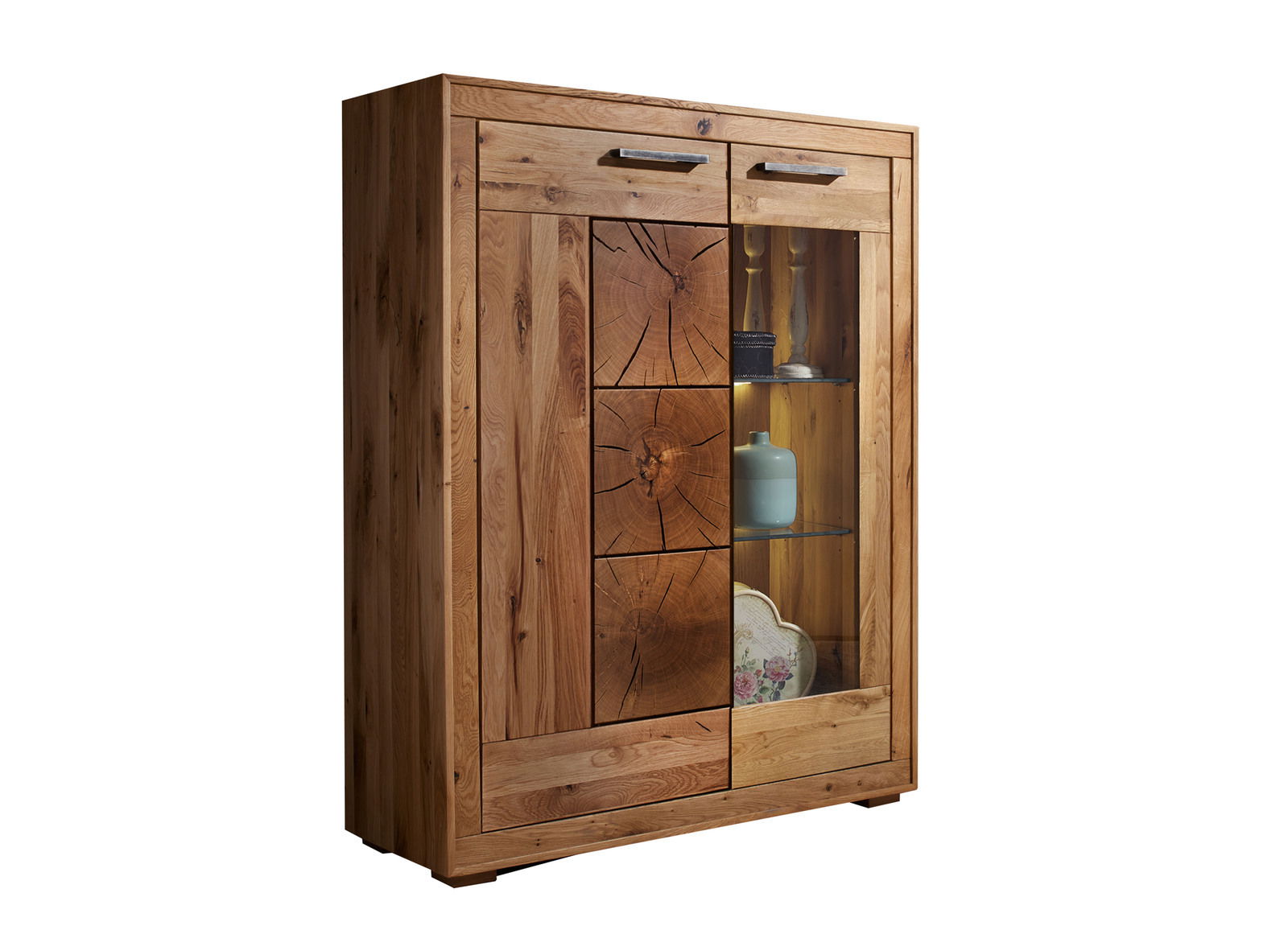 Hochwertiges Highboard aus Holz mit Glasvitrine, seitliche Perspektive