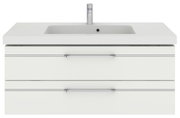 Moderne witte wastafel met twee lades en ingebouwde wasbak, vooraanzicht