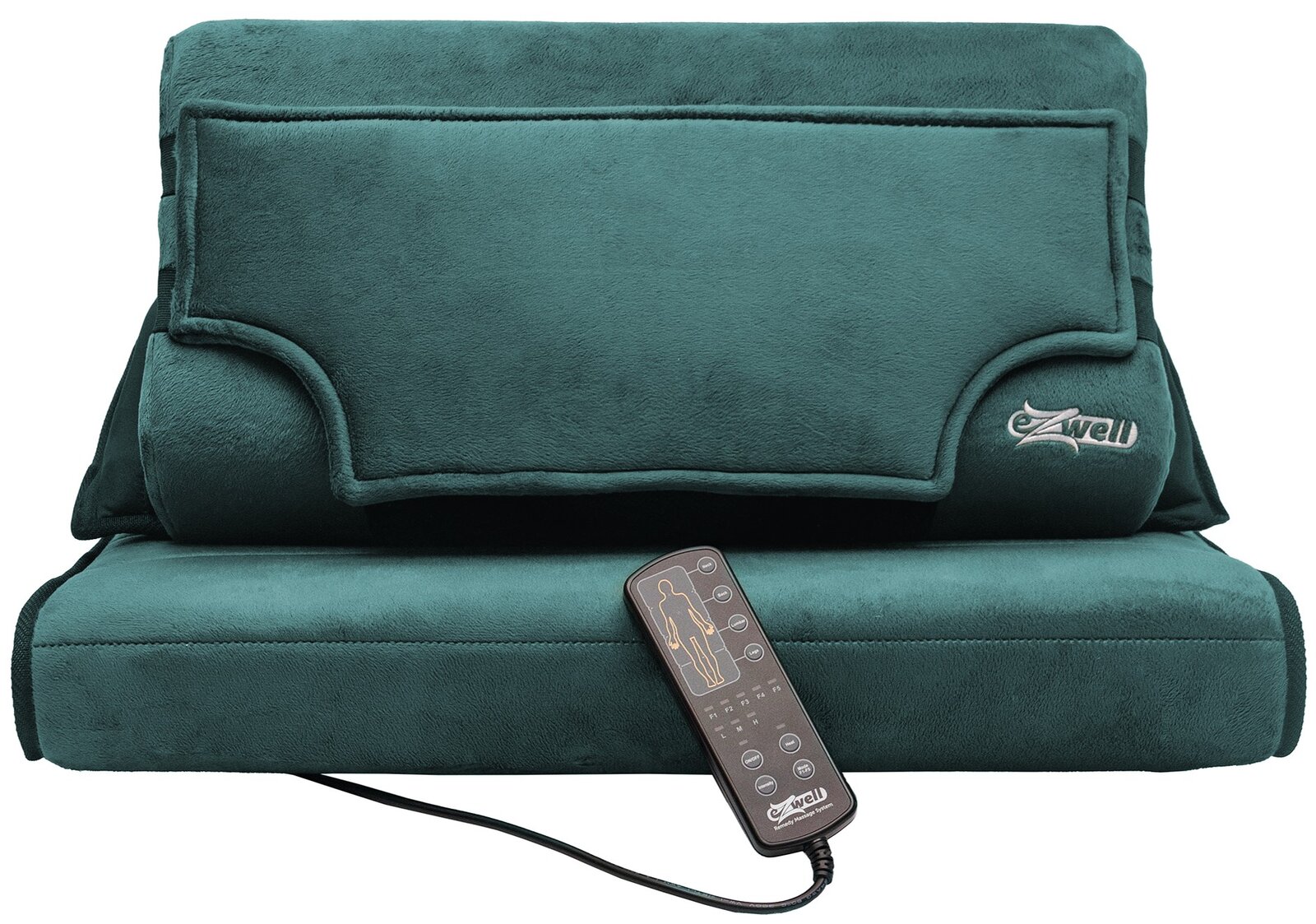 Grünes, gepolstertes Massagekissen mit Fernbedienung und Kabel, Frontansicht auf weißem Hintergrund