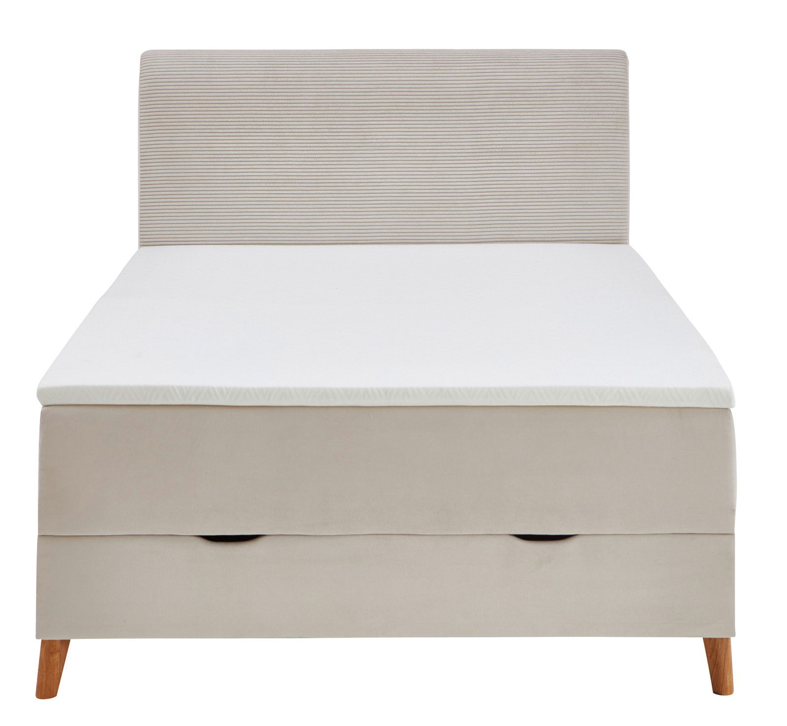 Boxspringbett in Frontalansicht mit gepolstertem Kopfteil und Holzfüßen