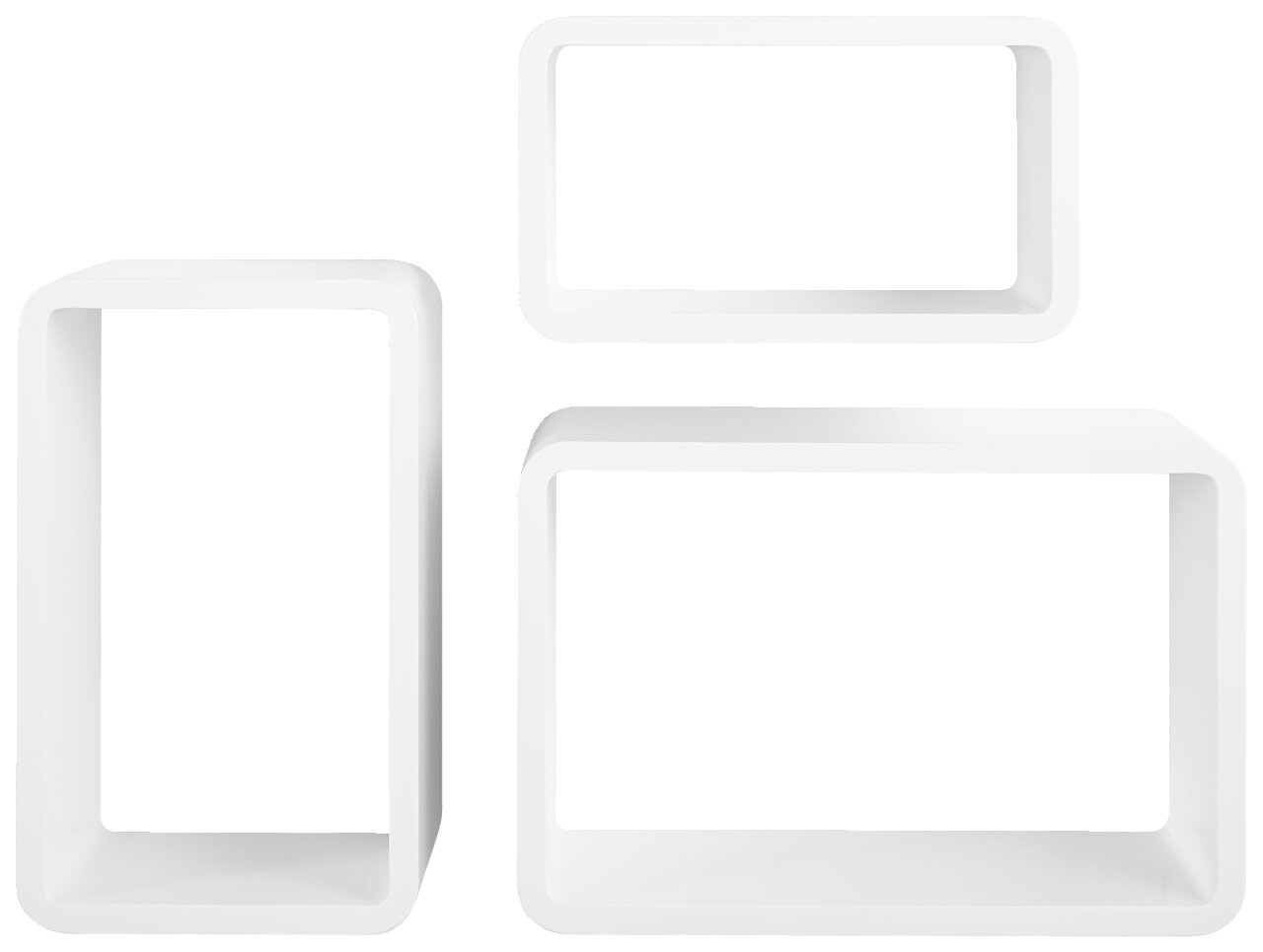 Dreiteiliges weißes Wandregal-Set in rechteckigen Formen, frontal betrachtet.