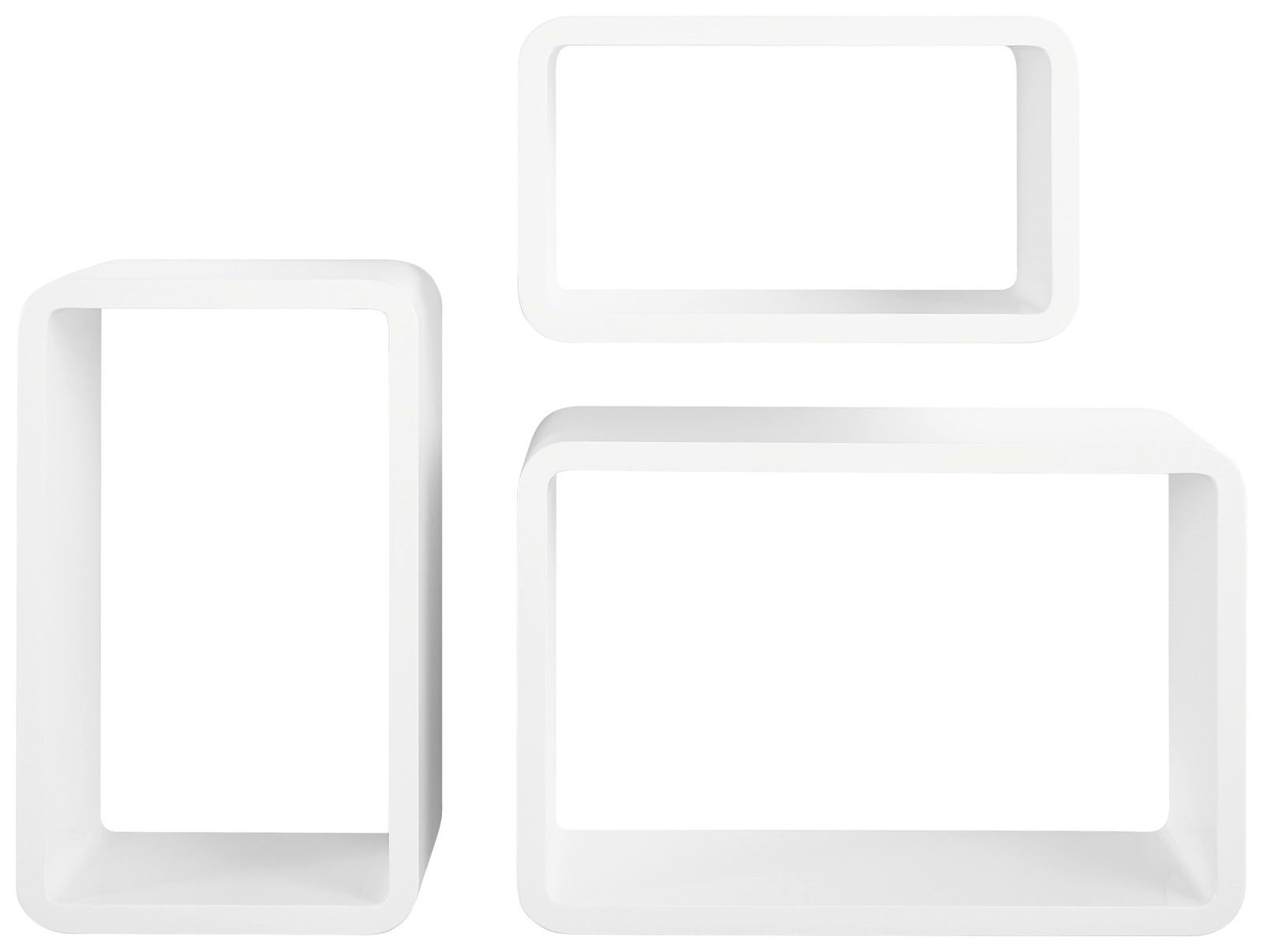 Dreiteiliges weißes Wandregal-Set in rechteckigen Formen, frontal betrachtet.