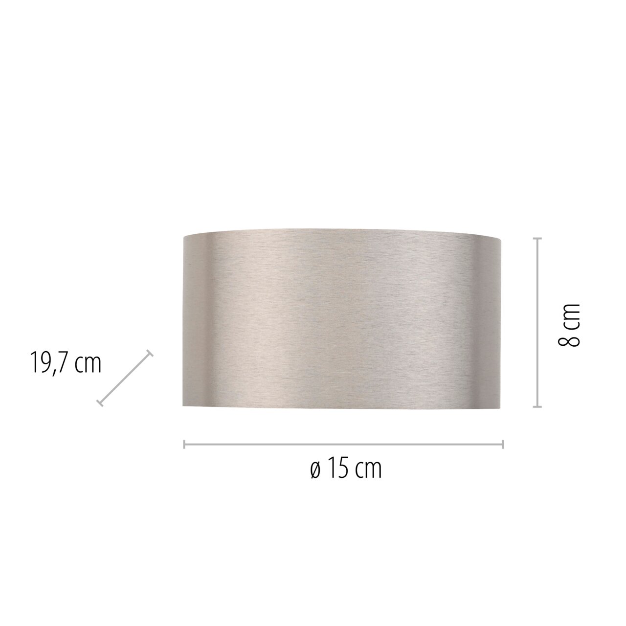 Moderne Wandleuchte PURE Clipse in gebürstetem Metall, frontale Ansicht, Maße: 19,7 cm Breite, 8 cm Höhe, 15 cm Durchmesser.