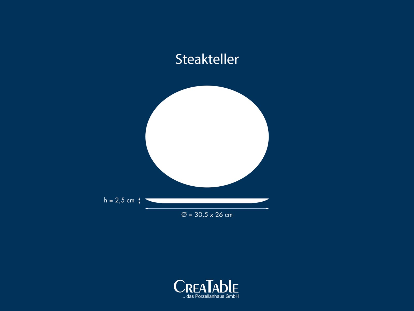 Weißer ovaler Steakteller (ca. 30,5 x 26 cm, Höhe 2,5 cm) auf blauem Hintergrund, Draufsicht mit zusätzlicher Seitenansicht des flachen Profils
