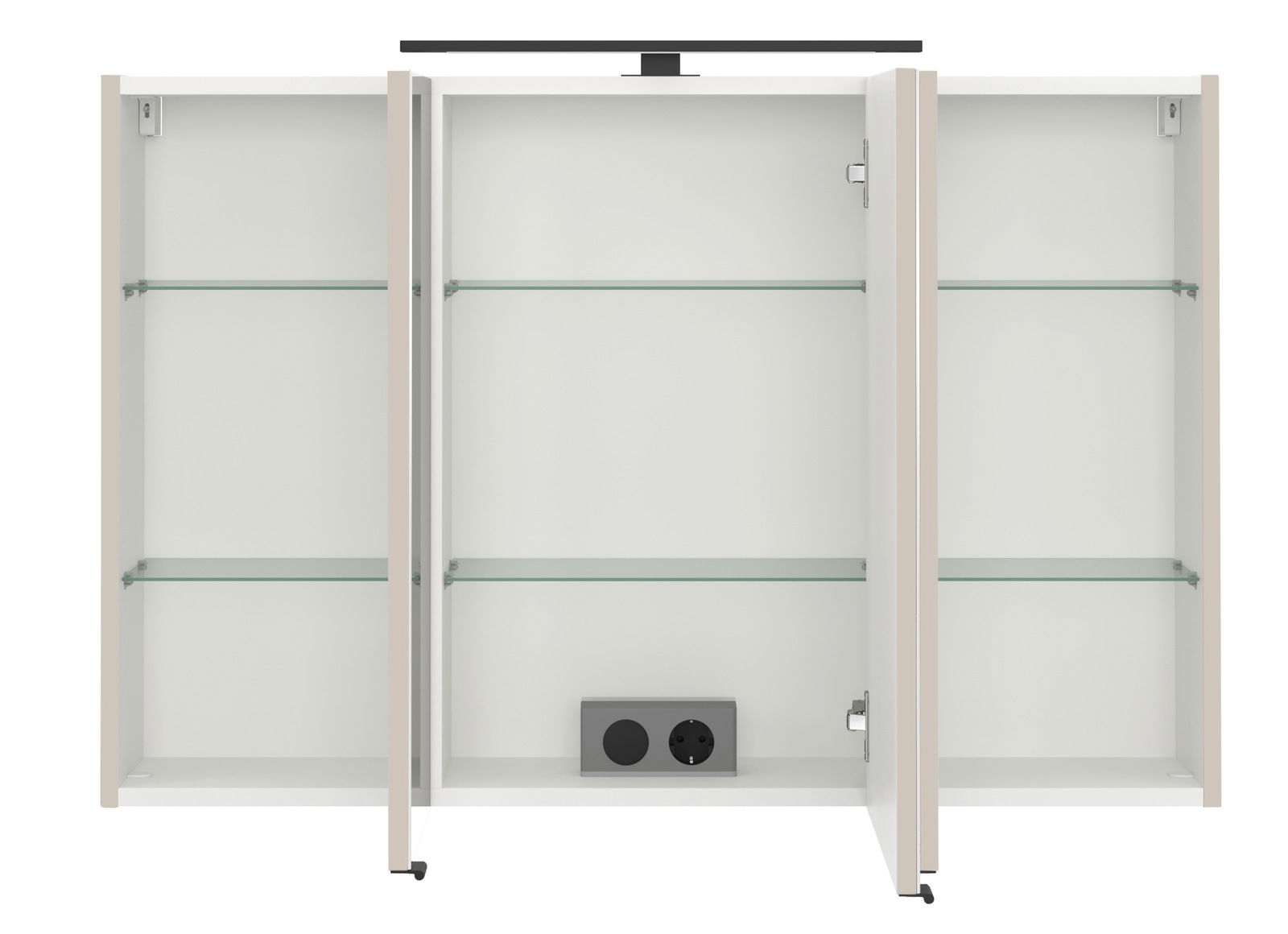 Spiegelschrank mit drei offenen Türen, zwei Glasböden und integrierter Steckdose, Frontalansicht