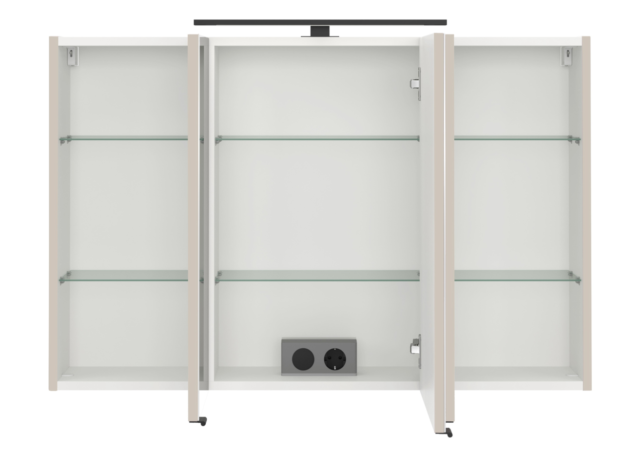 Spiegelschrank mit drei offenen Türen, zwei Glasböden und integrierter Steckdose, Frontalansicht