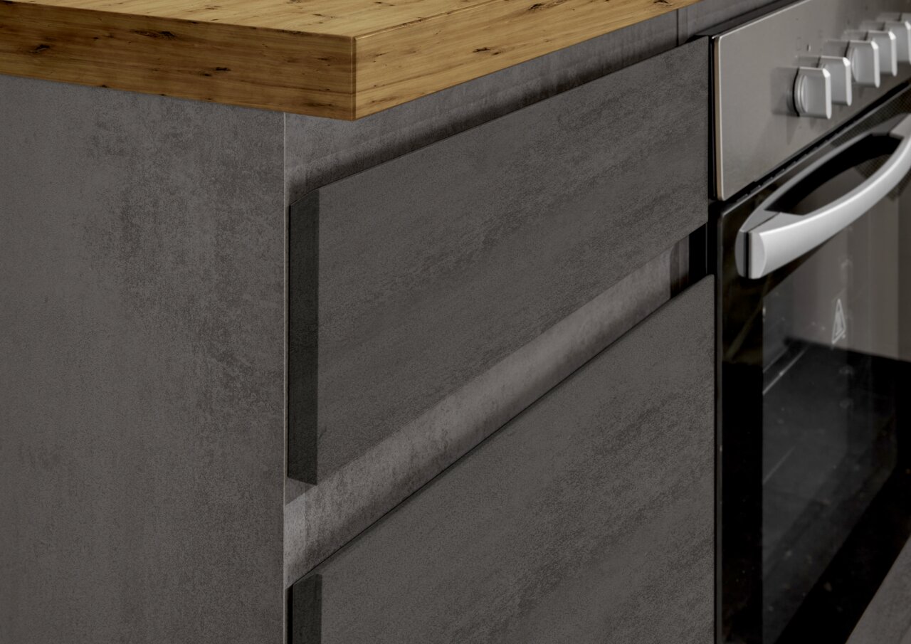 Detailansicht einer Kücheninsel mit grauer Front und Holzarbeitsplatte, seitliche Perspektive.