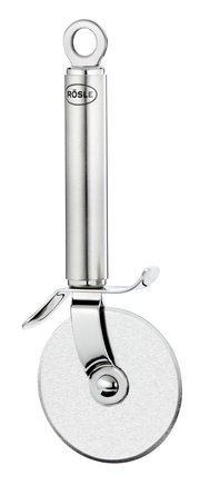 Pizzaschneider aus Edelstahl mit ergonomischem Griff, seitliche Ansicht