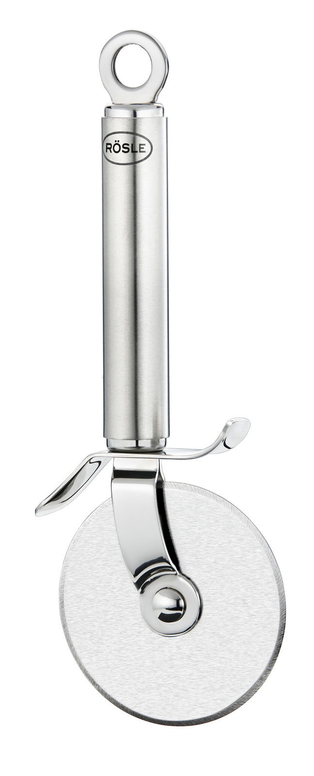 Pizzaschneider aus Edelstahl mit ergonomischem Griff, seitliche Ansicht