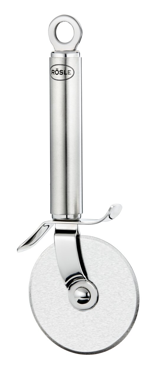 Pizzaschneider aus Edelstahl mit ergonomischem Griff, seitliche Ansicht