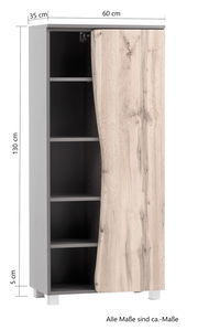 Midischrank 60 mit Holzoptik, offene Tür zeigt Innenfächer, Frontalansicht