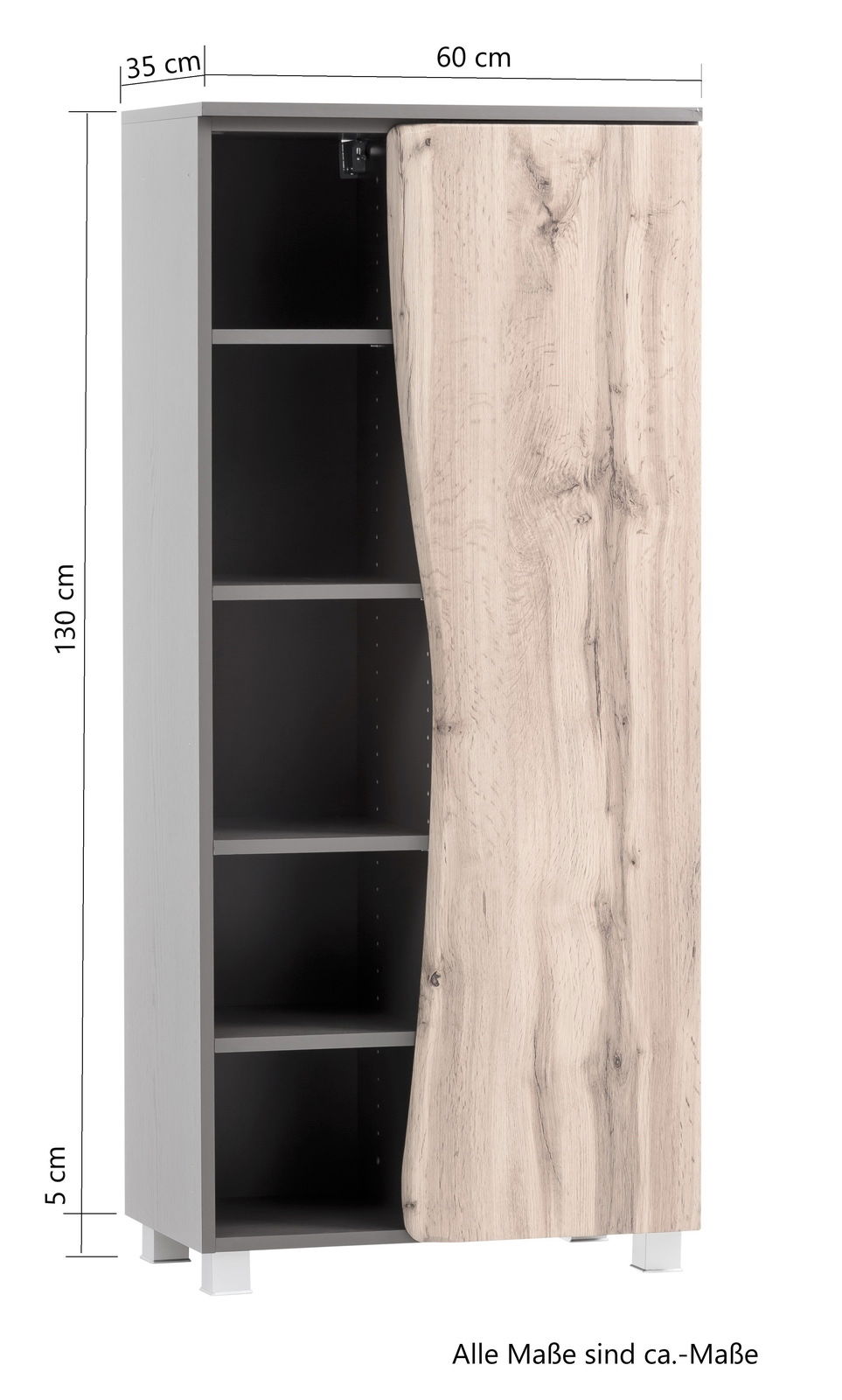 Midischrank 60 mit Holzoptik, offene Tür zeigt Innenfächer, Frontalansicht