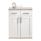 Schuhschrank aus hellem Holz mit zwei Schubladen und zwei Türen, frontal fotografiert