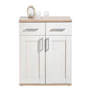 Schuhschrank aus hellem Holz mit zwei Schubladen und zwei Türen, frontal fotografiert