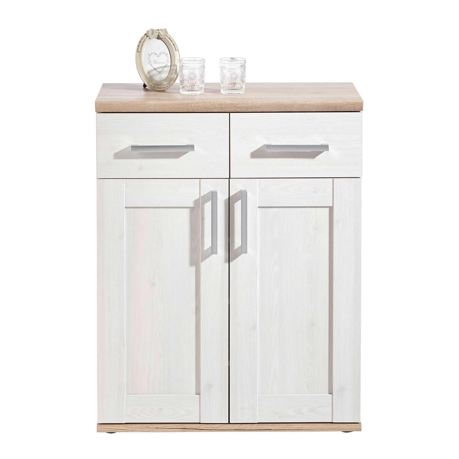 Schuhschrank aus hellem Holz mit zwei Schubladen und zwei Türen, frontal fotografiert