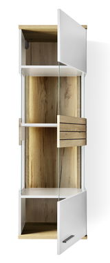 Hängevitrine aus Holz und Glas mit zwei offenen Türen, Ansicht von vorne